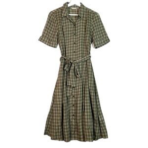 NWOT TYLHO Plaid Green Midi Dress Button Front Short Sleeve Size Small